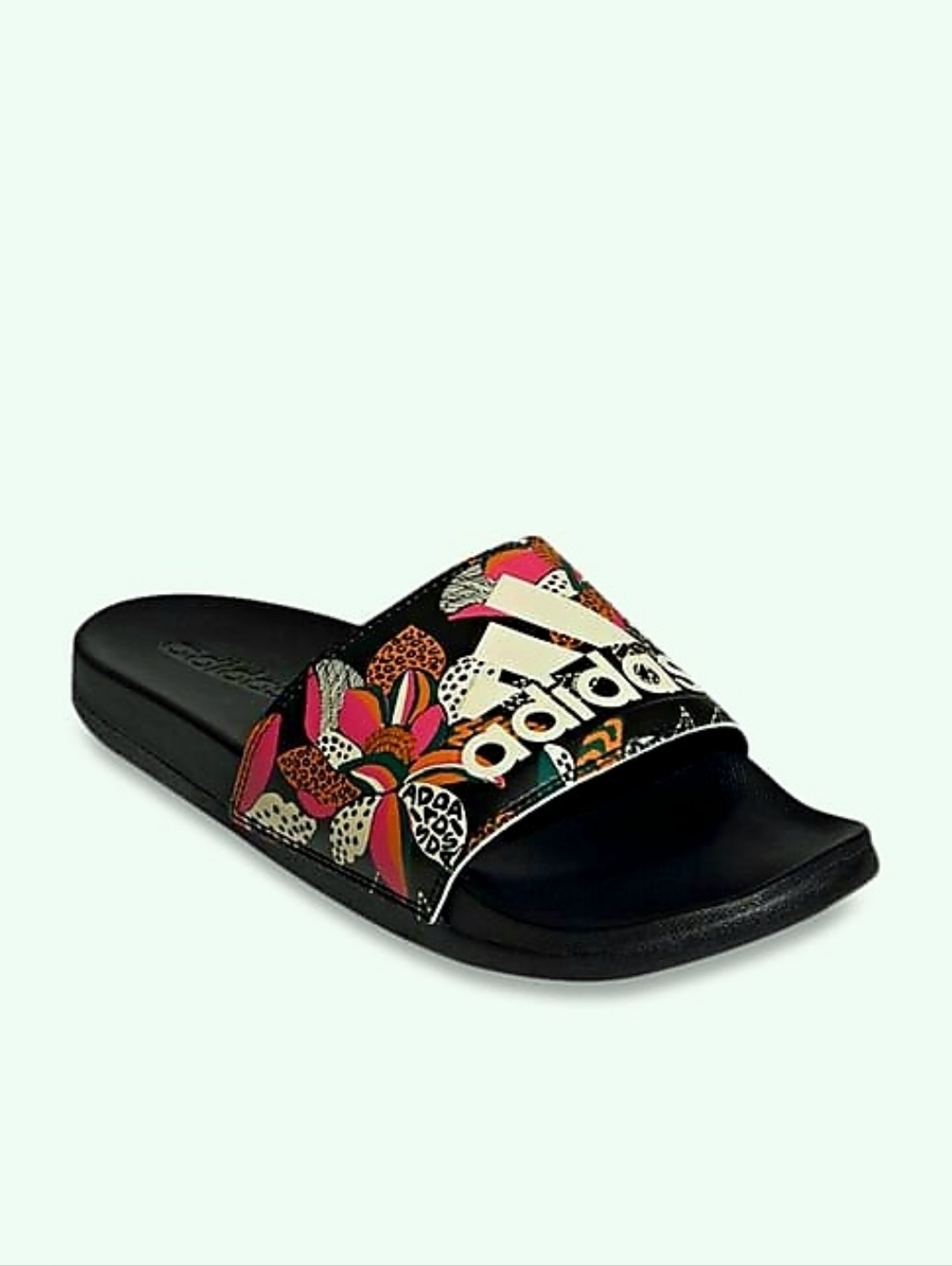 adidas Black Slides with Multicolor Floral Print Strap